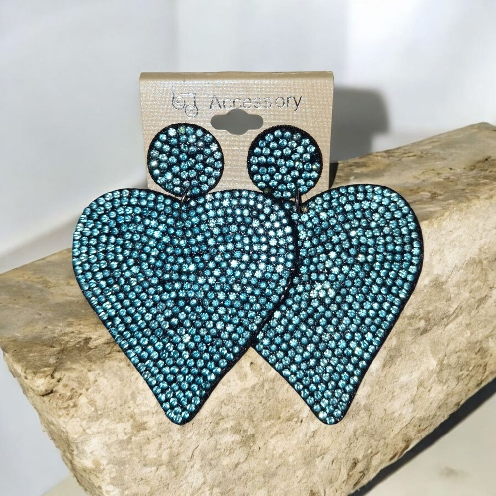 Large Teal Heart Shape Rhinestone Earrings